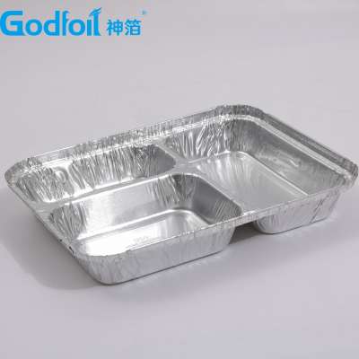 3-Compartment Oblong Aluminum Take-Out Meal Pan w/Board Lid  Made in China Take away food compartment lunch box